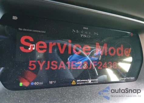 2018 Tesla Model S 100D/75D/P100D z USA, uszkodzony, nr VIN 5YJSA1E23JF243634